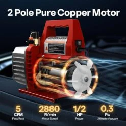 110-Volt 1/2 HP 5 CFM Dual Stage Rotary Vane HVAC Air Vacuum Pump With Oil Bottle In Red -Fire Place Store vivohome hvac tools wal vh321us re 4f 1000