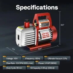 110-Volt 1/4 HP 3.5 CFM Single Stage Rotary Vane Air Vacuum Pump With Oil Bottle In Red -Fire Place Store vivohome hvac tools wal vh409us re 76 1000