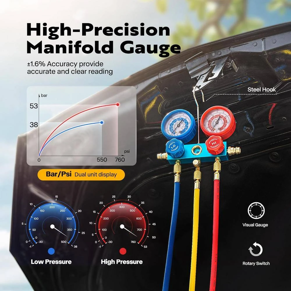 110-Volt 1/4 HP 3.5 CFM Single Stage Rotary Vane Air Vacuum Pump And R134a AC Manifold Gauge Set With Thermometer In Red 4 110-Volt 1/4 HP 3.5 CFM Single Stage Rotary Vane Air Vacuum Pump And R134a AC Manifold Gauge Set With Thermometer In Red - Image 4