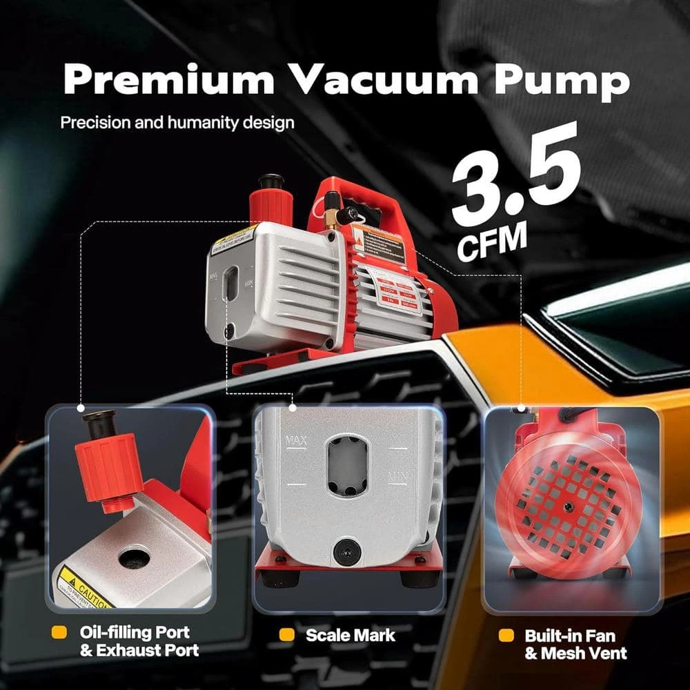 110-Volt 1/4 HP 3.5 CFM Single Stage Rotary Vane Air Vacuum Pump And R134a AC Manifold Gauge Set With Thermometer In Red 3 110-Volt 1/4 HP 3.5 CFM Single Stage Rotary Vane Air Vacuum Pump And R134a AC Manifold Gauge Set With Thermometer In Red - Image 3