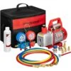 110-Volt 1/4 HP 3.5 CFM Single Stage Rotary Vane Air Vacuum Pump And R134a AC Manifold Gauge Set With Thermometer In Red