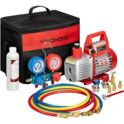 110-Volt 1/4 HP 3.5 CFM Single Stage Rotary Vane Air Vacuum Pump And R134a AC Manifold Gauge Set With Thermometer In Red