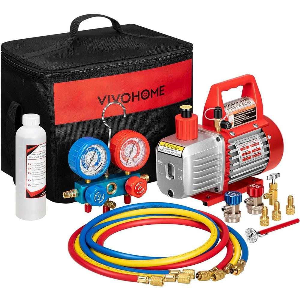 110-Volt 1/4 HP 3.5 CFM Single Stage Rotary Vane Air Vacuum Pump And R134a AC Manifold Gauge Set With Thermometer In Red 1 110-Volt 1/4 HP 3.5 CFM Single Stage Rotary Vane Air Vacuum Pump And R134a AC Manifold Gauge Set With Thermometer In Red