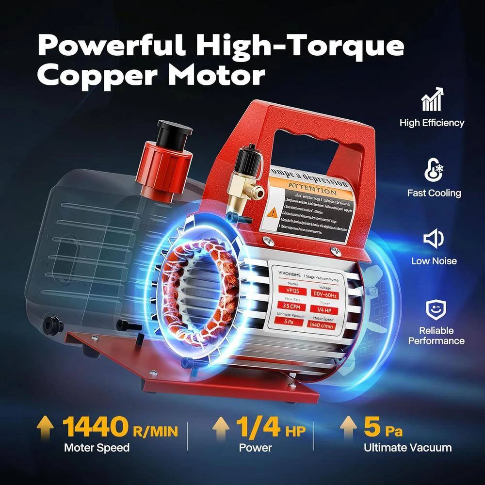 110-Volt 1/4 HP 3.5 CFM Single Stage Rotary Vane Air Vacuum Pump And R134a AC Manifold Gauge Set With Thermometer In Red 2 110-Volt 1/4 HP 3.5 CFM Single Stage Rotary Vane Air Vacuum Pump And R134a AC Manifold Gauge Set With Thermometer In Red - Image 2
