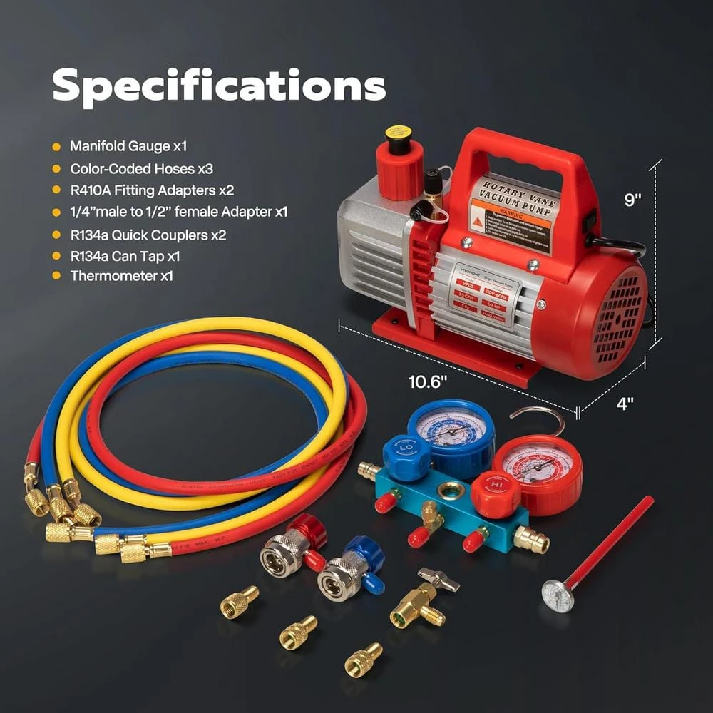 110-Volt 1/4 HP 3.5 CFM Single Stage Rotary Vane Air Vacuum Pump And R134a AC Manifold Gauge Set With Thermometer In Red 6 110-Volt 1/4 HP 3.5 CFM Single Stage Rotary Vane Air Vacuum Pump And R134a AC Manifold Gauge Set With Thermometer In Red - Image 6
