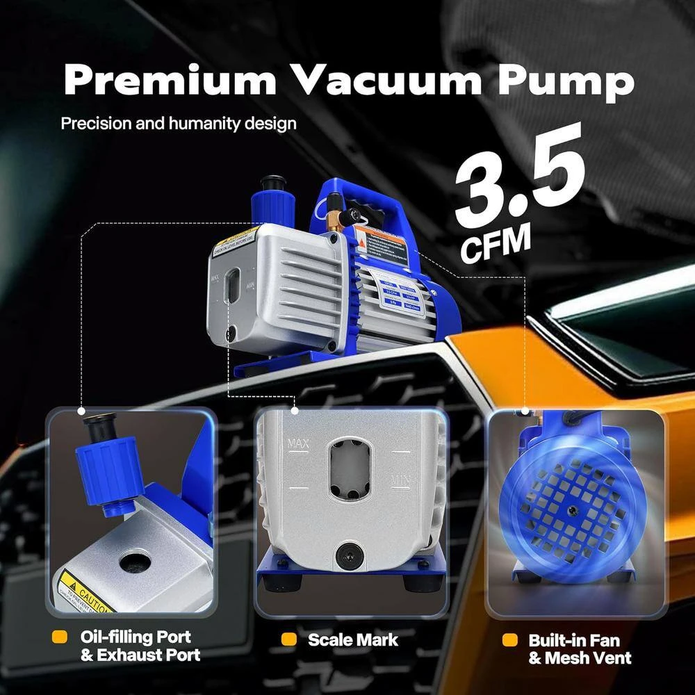 3.5 CFM Single Stage Rotary Vane Air Vacuum Pump And R134a AC Manifold Gauge Set For Refrigeration Recharging 2 3.5 CFM Single Stage Rotary Vane Air Vacuum Pump And R134a AC Manifold Gauge Set For Refrigeration Recharging - Image 2