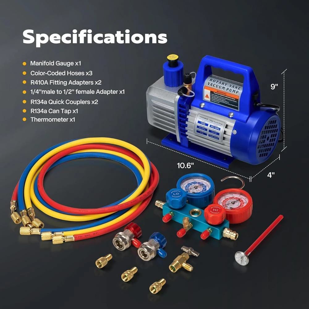 3.5 CFM Single Stage Rotary Vane Air Vacuum Pump And R134a AC Manifold Gauge Set For Refrigeration Recharging 6 3.5 CFM Single Stage Rotary Vane Air Vacuum Pump And R134a AC Manifold Gauge Set For Refrigeration Recharging - Image 6