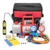 110V 1/3 HP 4CFM Single Stage Rotary Vane Air Vacuum Pump And R134a AC Manifold Gauge Set Kit With Leak Detector In Red