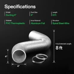 4 In. X 8 Ft. Aluminum Flexible Dryer Vent Hose With 2-Clamps For HVAC Ventilation -Fire Place Store vivosun gas fittings connectors 306104 48j 76 1000