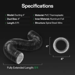 4 In., X 8 Ft. Aluminum Black Flexible Dryer Vent Hose With 2-Clamps For HVAC Ventilation -Fire Place Store vivosun gas fittings connectors 306109 48c 76 1000