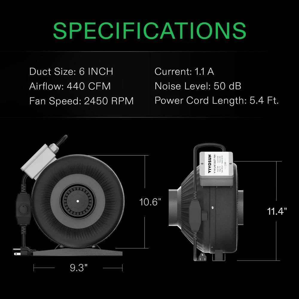 Z6 6 In. 440 CFM Inline Duct Fan With Variable Speed Controller For Grow Tent, Indoor Garden Ventilation 2 Z6 6 In. 440 CFM Inline Duct Fan With Variable Speed Controller For Grow Tent, Indoor Garden Ventilation - Image 2