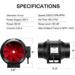 4 In. 190 CFM Inline Duct Fan With Variable Speed Controller -Fire Place Store vivosun grow room ventilation 306201p 4 76 1000