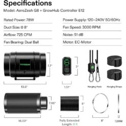 AeroZesh G8 8-in. 725 CFM Inline Duct Fan With E12 Speed Controller For Grow Tent Ventilation -Fire Place Store vivosun grow room ventilation vsv azg8 fa 1000