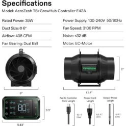 AeroZesh T6 408 CFM Inline Duct Fan With E42A Temperature Humidity WiFi-Controller -Fire Place Store vivosun grow room ventilation vsv azt6e42a 76 1000