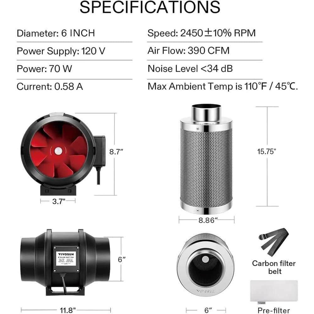 6 In. 390 CFM Inline Duct Fan With 6 In. X 18 In. Carbon Filter Odor Control System 3 6 In. 390 CFM Inline Duct Fan With 6 In. X 18 In. Carbon Filter Odor Control System - Image 3