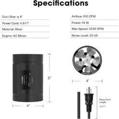 100 CFM 4 In. Inline Booster Duct Fan With Low Noise In Black -Fire Place Store vivosun grow room ventilation wal vsv ifa4 fa 1000