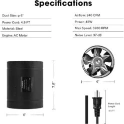 240 CFM 6 In. Inline Booster Duct Fan With Low Noise In Black -Fire Place Store vivosun grow room ventilation wal vsv ifa6 fa 1000