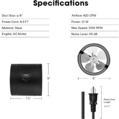 420 CFM 8 In. Inline Booster Duct Fan With Low Noise In Black -Fire Place Store vivosun grow room ventilation wal vsv ifa8 fa 1000