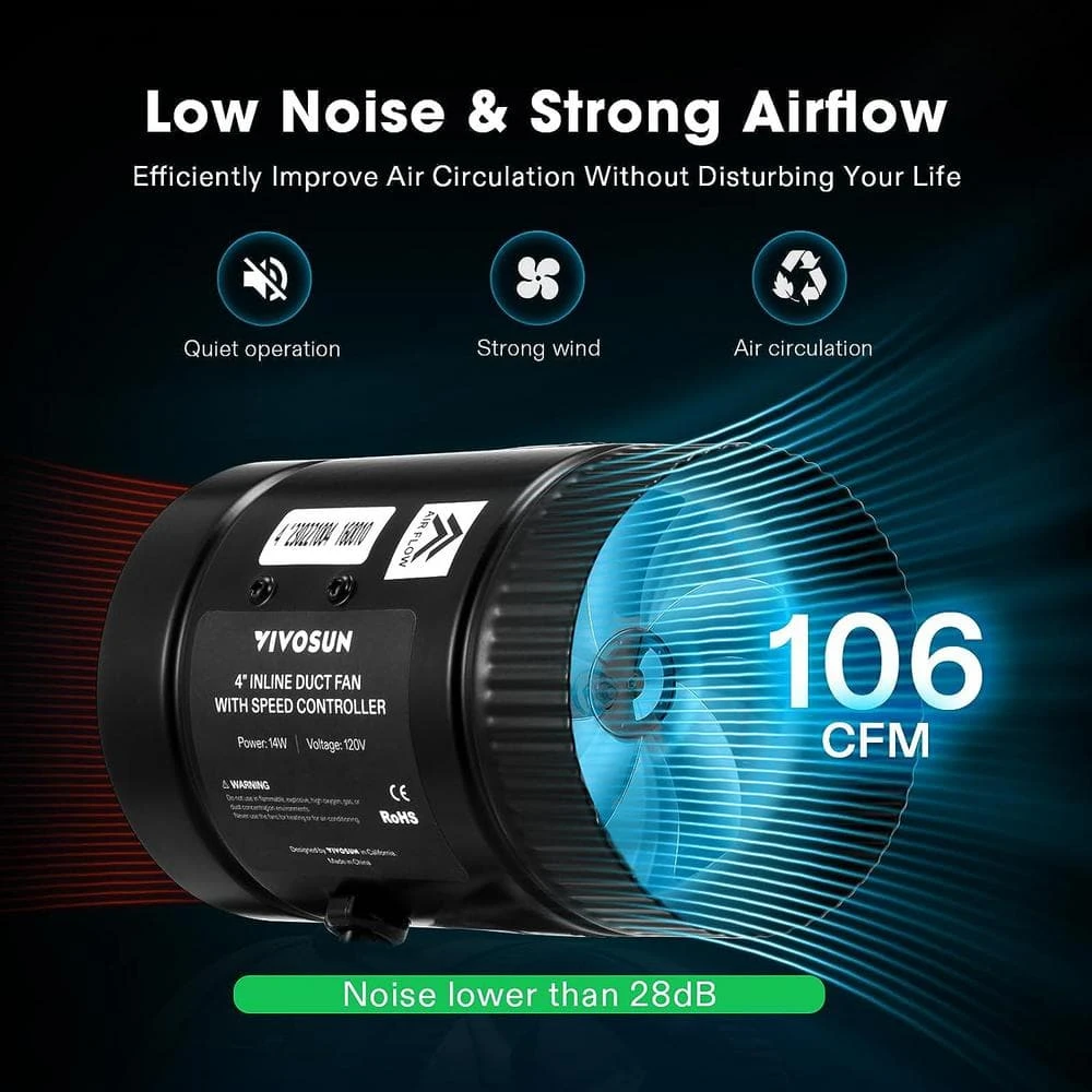 106 CFM 4 In. Inline Booster Duct Fan With Speed Controller For HVAC Exhaust Ventilation 3 106 CFM 4 In. Inline Booster Duct Fan With Speed Controller For HVAC Exhaust Ventilation - Image 3