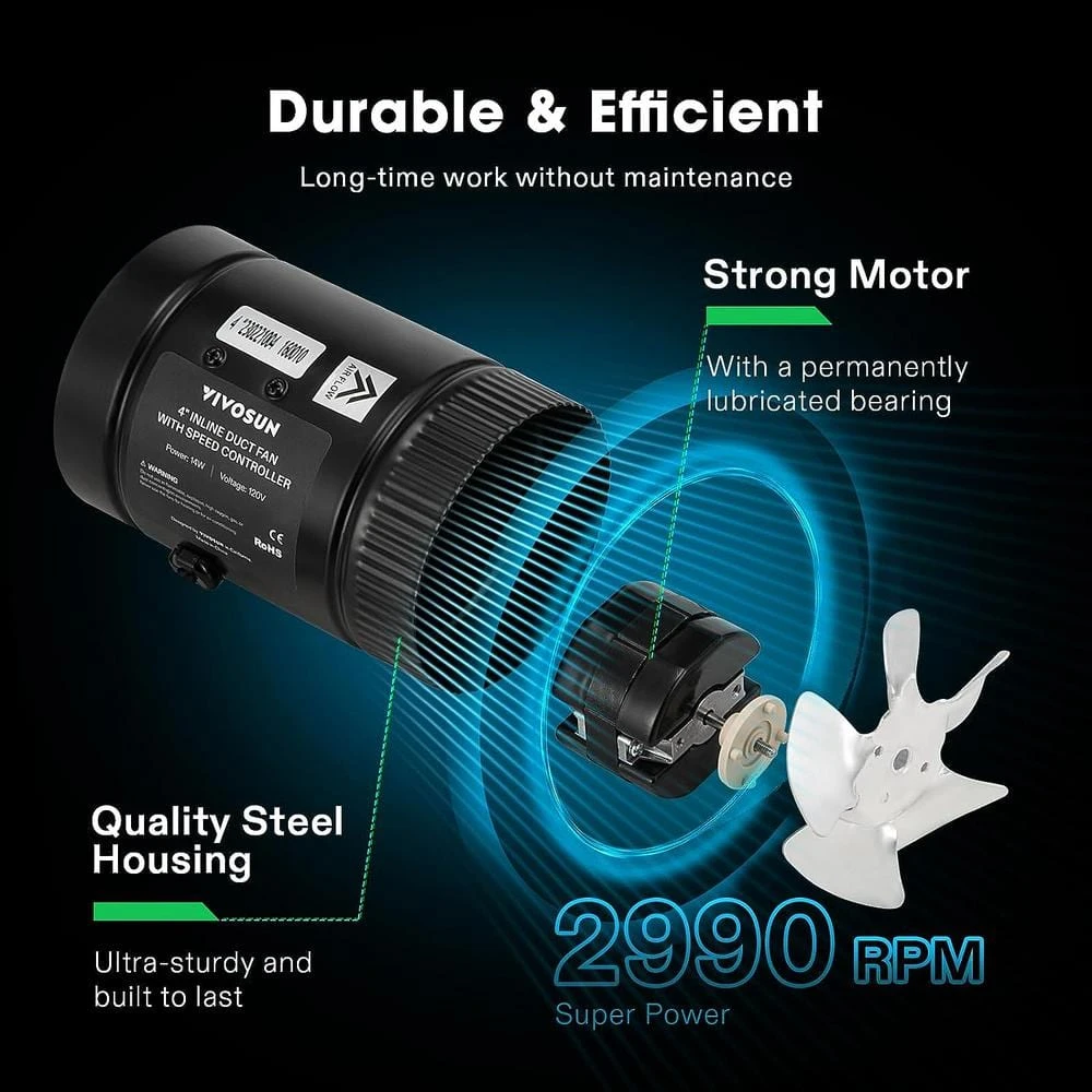 106 CFM 4 In. Inline Booster Duct Fan With Speed Controller For HVAC Exhaust Ventilation 2 106 CFM 4 In. Inline Booster Duct Fan With Speed Controller For HVAC Exhaust Ventilation - Image 2