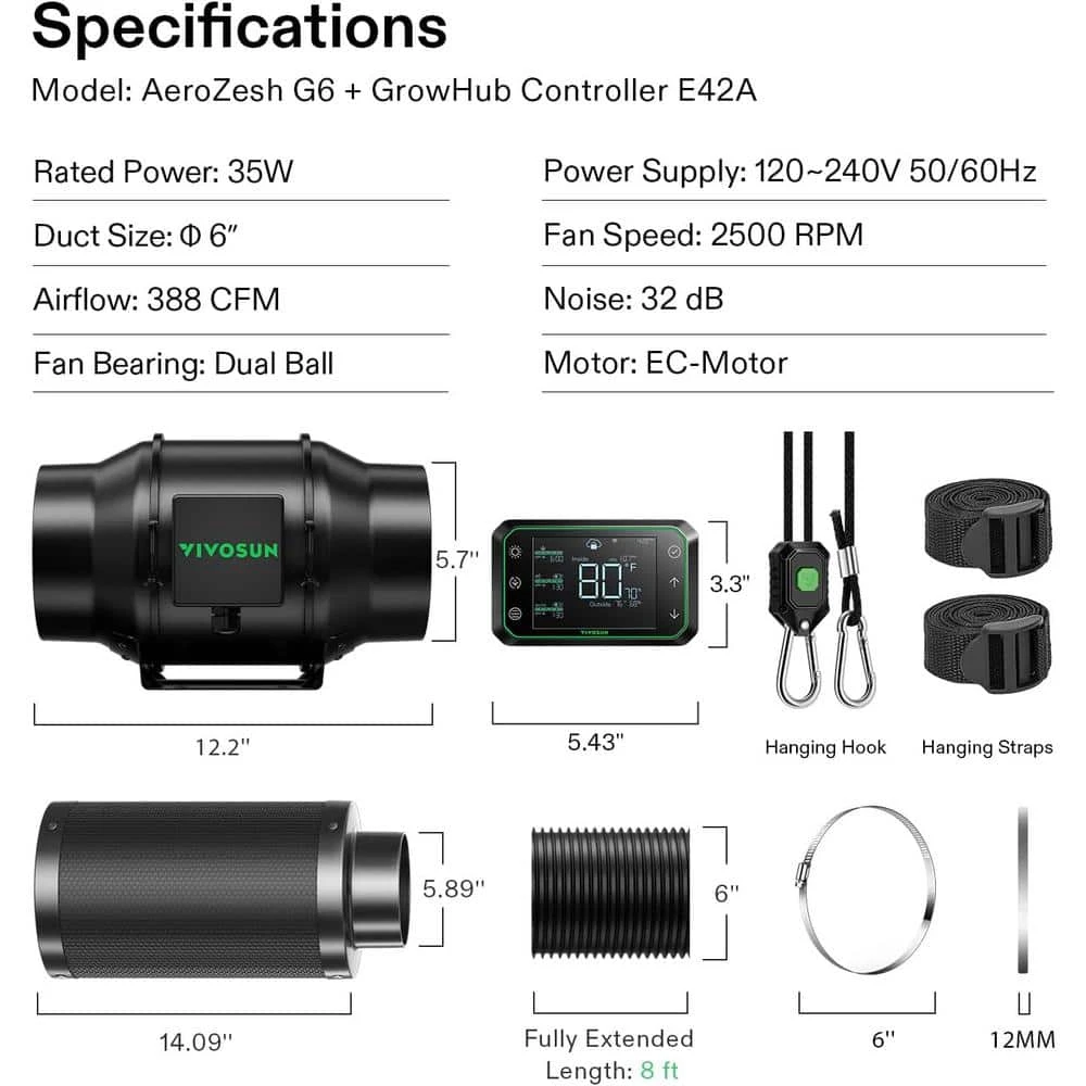 AeroZesh G6 6 In. Inline Duct Fan Kit With GrowHub E42A Controller, 6 In. Black Carbon Filter And 8 Ft. Ducting 2 AeroZesh G6 6 In. Inline Duct Fan Kit With GrowHub E42A Controller, 6 In. Black Carbon Filter And 8 Ft. Ducting - Image 2