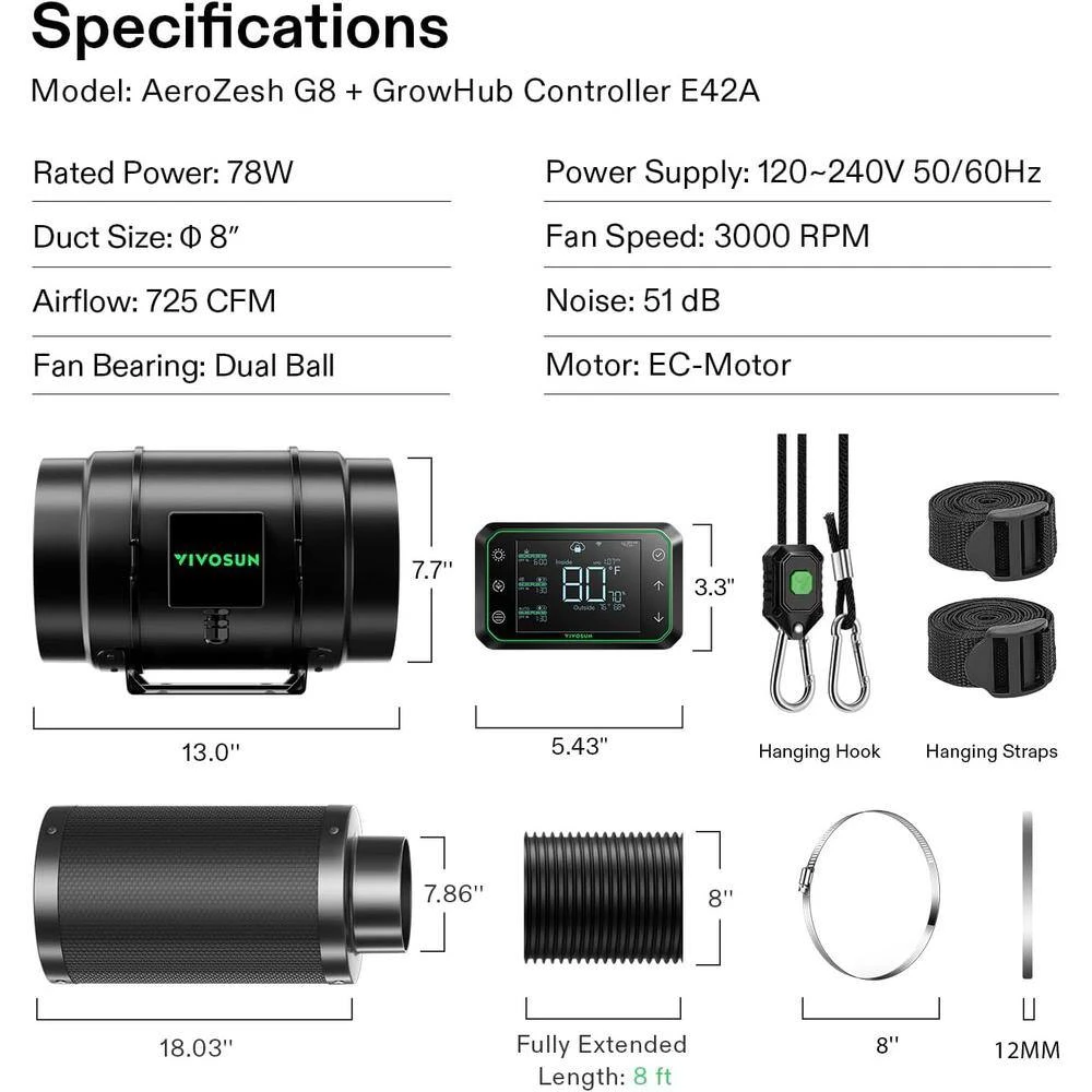 AeroZesh G8 8 In. Inline Duct Fan Kit With GrowHub E42A Controller, Black Carbon Filter And 25 Ft. Ducting 2 AeroZesh G8 8 In. Inline Duct Fan Kit With GrowHub E42A Controller, Black Carbon Filter And 25 Ft. Ducting - Image 2