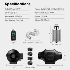 AeroZesh S4 4 In. Inline Duct Fan With E12 Speed Controller, Carbon Filter, 8 Ft. Ducting Ventilation System -Fire Place Store vivosun grow room ventilation wal vsvc azs4 76 1000