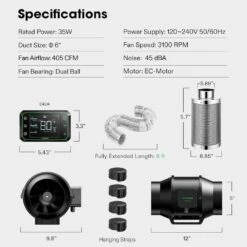AeroZesh S6 6 In. Inline Duct Fan With GrowHub E42A Controller, Carbon Filter, 8 Ft. Ducting Ventilation System -Fire Place Store vivosun grow room ventilation wal vsvc azs6e42a 76 1000
