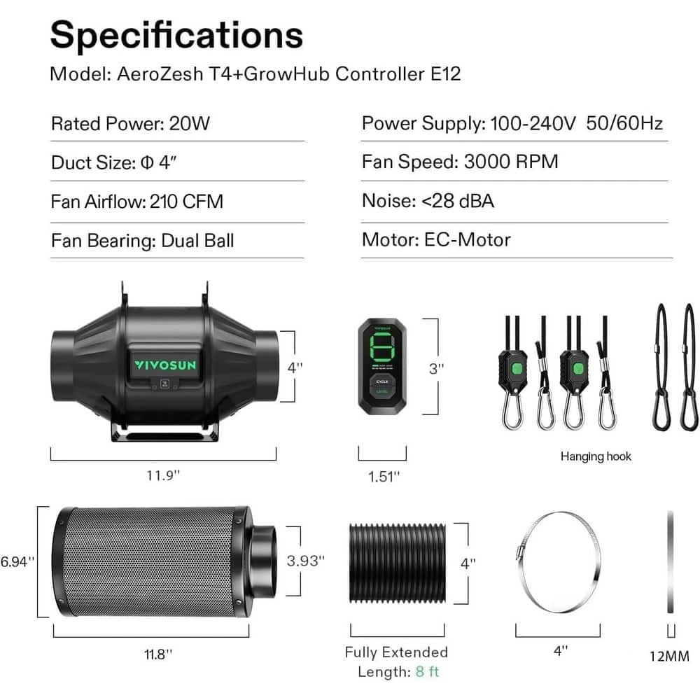 AeroZesh T4 4 In. 210 CFM Inline Duct Fan Kit With E12 Speed Controller, Black Carbon Filter And 8 Ft. Ducting 2 AeroZesh T4 4 In. 210 CFM Inline Duct Fan Kit With E12 Speed Controller, Black Carbon Filter And 8 Ft. Ducting - Image 2