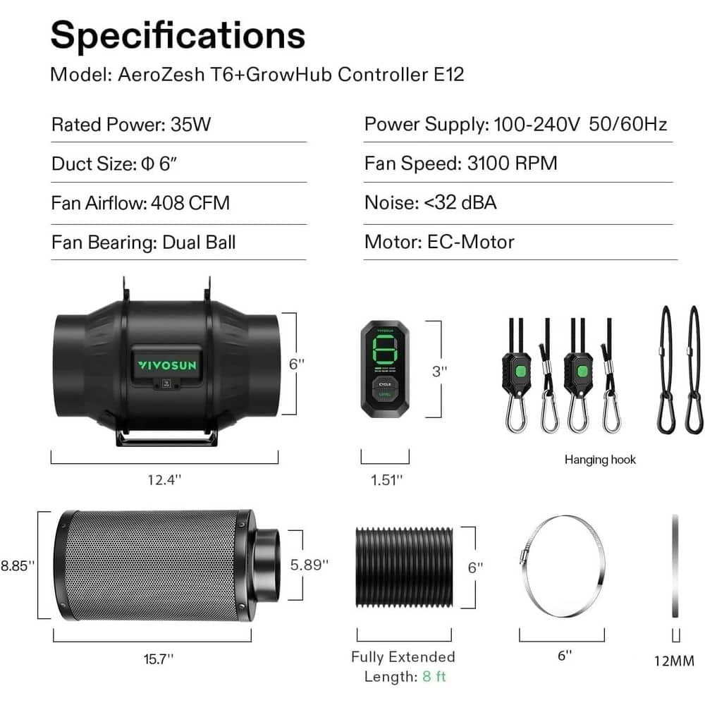 AeroZesh T6 6 In. 408 CFM Inline Duct Fan With E12 Speed Controller, 6 In. Black Carbon Filter And 8 Ft. Ducting 2 AeroZesh T6 6 In. 408 CFM Inline Duct Fan With E12 Speed Controller, 6 In. Black Carbon Filter And 8 Ft. Ducting - Image 2