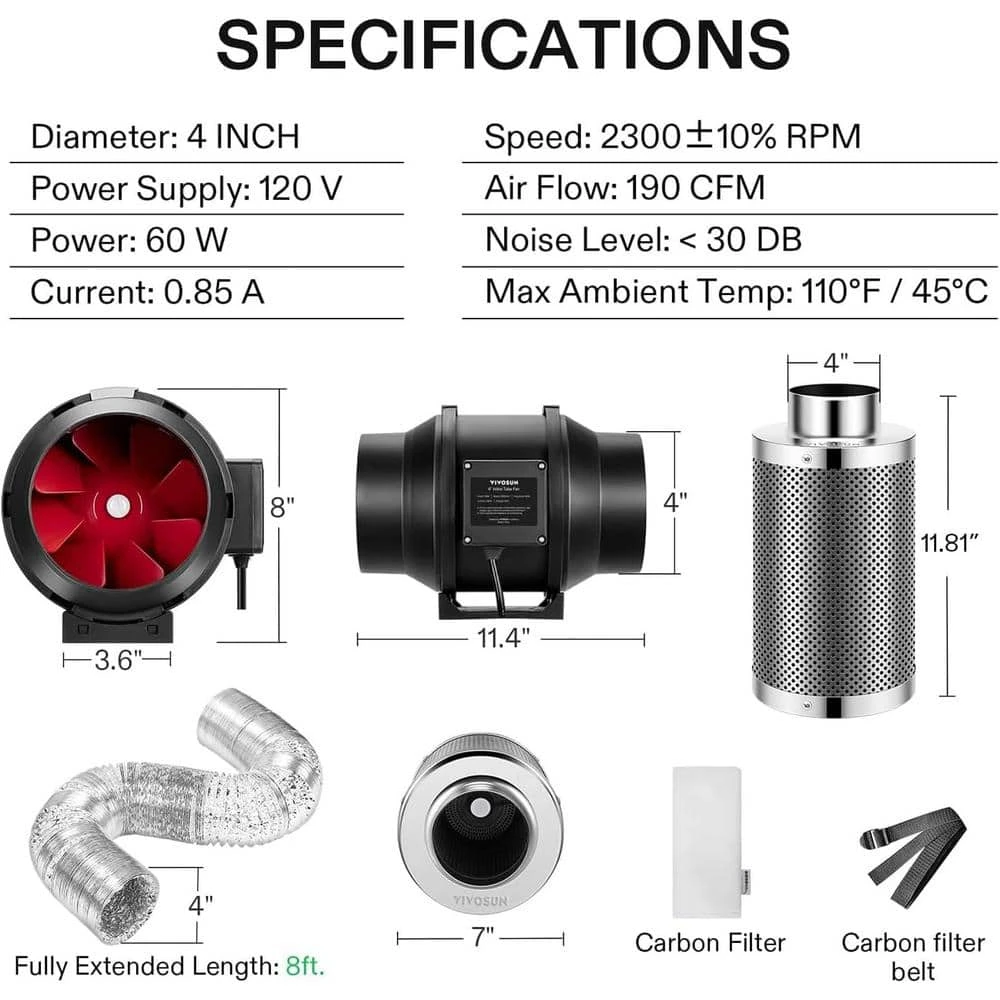 4 In. 190 CFM Inline Fan With Speed Controller, 4 In. Carbon Filter And 8 Ft. Of Ducting 7 4 In. 190 CFM Inline Fan With Speed Controller, 4 In. Carbon Filter And 8 Ft. Of Ducting - Image 7
