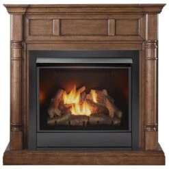 32,000 BTU Vent Free Propane Gas Fireplace System And Walnut Mantel With Remote Control