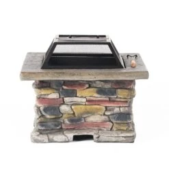 28.7 In. W X 22 In. H Stone Square Wood Burning Outdoor Fire Pit In Warm Gray