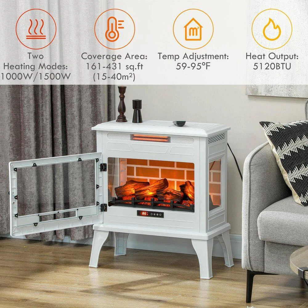 24 In. White Freestanding Metal Electric Fireplace Stove With Remote, Realistic 3D Flame Effect, Overheat Protection 3 24 In. White Freestanding Metal Electric Fireplace Stove With Remote, Realistic 3D Flame Effect, Overheat Protection - Image 3