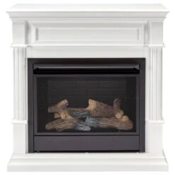 26,000 BTU Vent Free Propane Gas Fireplace System And White Mantel With Thermostat