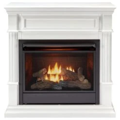 26,000 BTU Vent Free Natural Gas Fireplace System And White Mantel With Remote Control