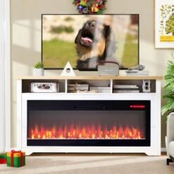 60 In. TV Stand With 50 In. Electric Fireplace Insert, Multi-Color Flame, Wi-Fi And Voice Control, 1400W Heat, White