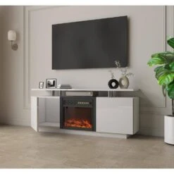 63 In. Freestanding Morden TV Stand With Electric Fireplace Insert, Flame Color Changes, Overheating Protection, Timer -Fire Place Store white toolcat fireplace tv stands mgg70 54 eh 40 1000