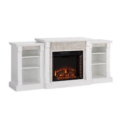 Southern Enterprises Nassau 71.75 In. W Faux Stone Electric Fireplace With Bookcases In White -Fire Place Store white w white faux stone southern enterprises freestanding electric fireplaces hd605937 1f 1000