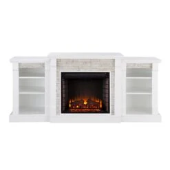 Southern Enterprises Nassau 71.75 In. W Faux Stone Electric Fireplace With Bookcases In White -Fire Place Store white w white faux stone southern enterprises freestanding electric fireplaces hd605937 4f 1000