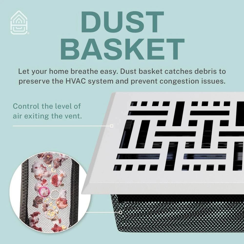 Basketweave 2 X 12 In. Decorative Floor Register Vent With Mesh Cover Trap, White 5 Basketweave 2 X 12 In. Decorative Floor Register Vent With Mesh Cover Trap, White - Image 5