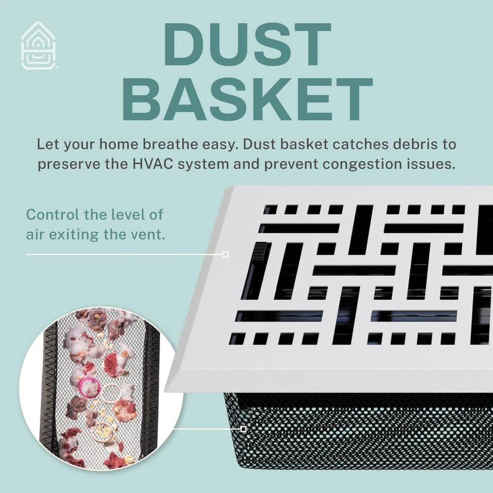 Basketweave 4 X 14 In. Decorative Floor Register Vent With Mesh Cover Trap, White 6 Basketweave 4 X 14 In. Decorative Floor Register Vent With Mesh Cover Trap, White - Image 6