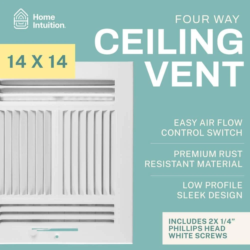 14 In. X 14 In. 4-Way Air Vent Covers For Home Ceiling Or Wall Grille Register Cover W/Adjustable Damper, White 2 14 In. X 14 In. 4-Way Air Vent Covers For Home Ceiling Or Wall Grille Register Cover W/Adjustable Damper, White - Image 2