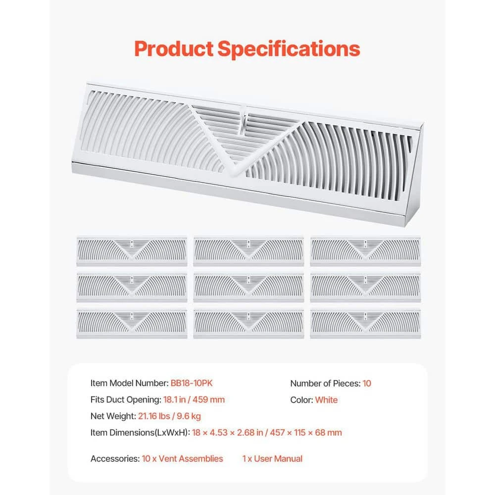 Floor Registers 18 In. X 5 In. Steel Diffuser Register In White 10-Pack Baseboard Registers Heavy-Duty Floor Vents 7 Floor Registers 18 In. X 5 In. Steel Diffuser Register In White 10-Pack Baseboard Registers Heavy-Duty Floor Vents - Image 7