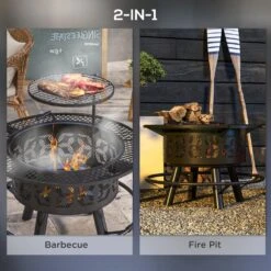 Fire Pit, 33 In. Outdoor Wood Burning Fire Pit With Adjustable Grate, Pan And Poker, BBQ For Camping, Heating, Picnics -Fire Place Store zeus ruta outdoor fireplaces xy 236 c3 1000